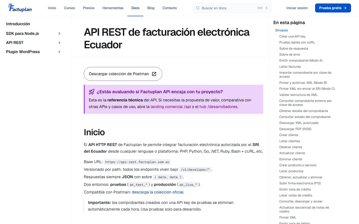 Documentación de Factuplan en factuplan.com.ec/docs/api