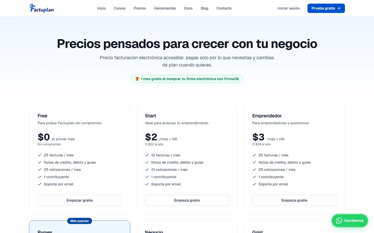 Planes y precios de Factuplan en factuplan.com.ec/precios