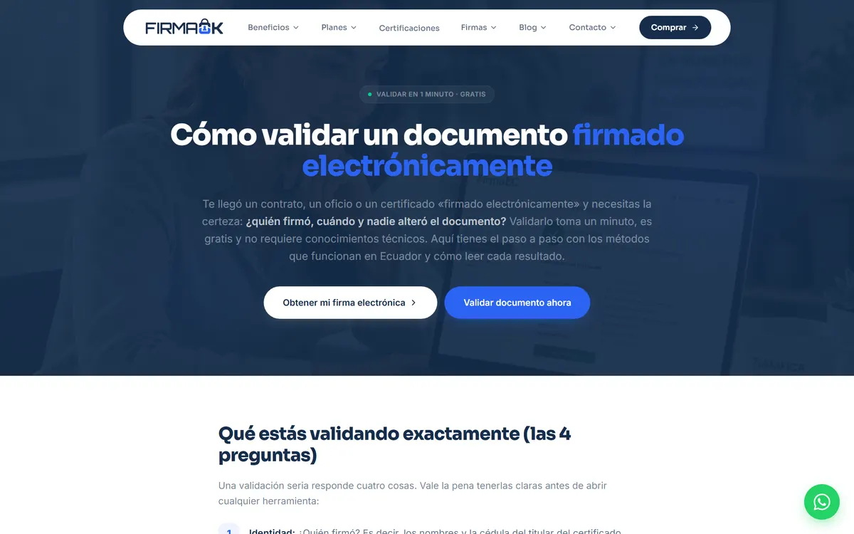 Validador de documentos de FirmaOK en firmaok.com.ec/validar-documento-firmado-electronicamente