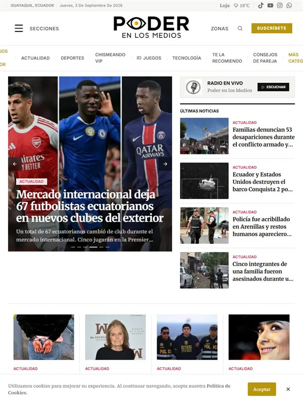 Portada de poderenlosmedios.com, el sitio de Poder en los Medios